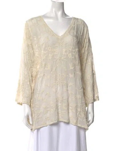 Pre-owned Johnny Was Floral Print V-neck Blouse In Neutrals