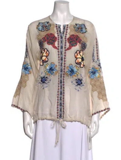 Pre-owned Johnny Was Floral Print V-neck Blouse In Neutrals
