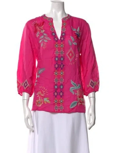 Pre-owned Johnny Was Floral Print V-neck Blouse In Pink