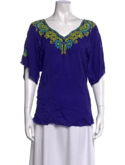 Pre-owned Johnny Was Floral Print V-neck Blouse In Purple