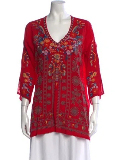 Pre-owned Johnny Was Floral Print V-neck Blouse In Red