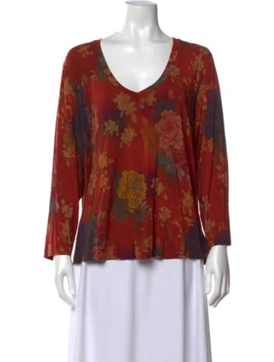 Pre-owned Johnny Was Floral Print V-neck Blouse In Red
