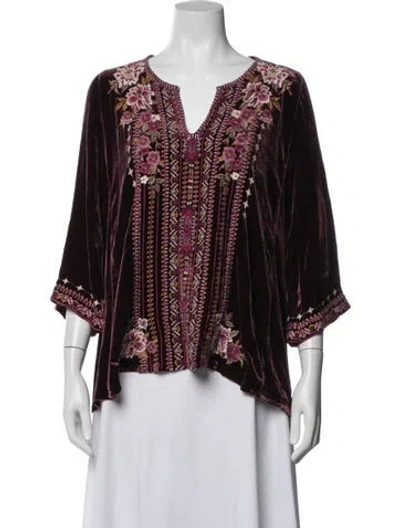 Pre-owned Johnny Was Floral Print V-neck Blouse In Red