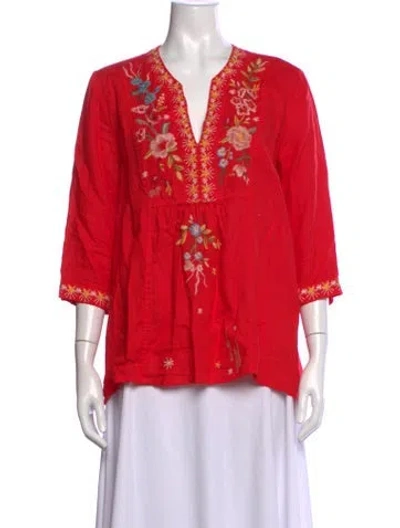 Pre-owned Johnny Was Floral Print V-neck Blouse In Red