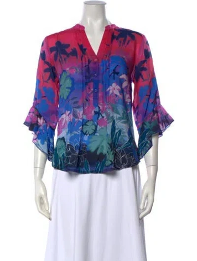 Pre-owned Johnny Was Floral Print V-neck Blouse W/ Tags In Blue