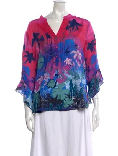 Pre-owned Johnny Was Floral Print V-neck Blouse W/ Tags In Blue