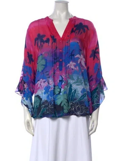 Pre-owned Johnny Was Floral Print V-neck Blouse W/ Tags In Blue