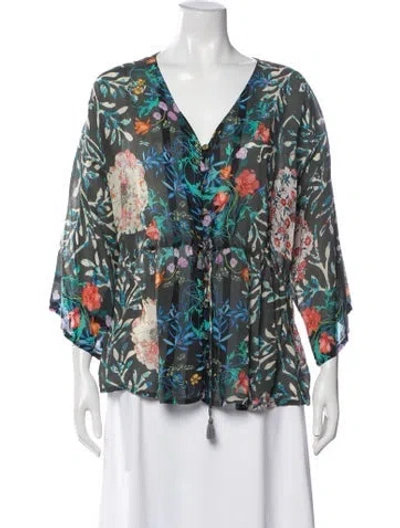 Pre-owned Johnny Was Floral Print V-neck Blouse In White