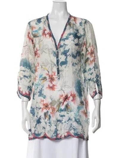 Pre-owned Johnny Was Floral Print V-neck Blouse In White