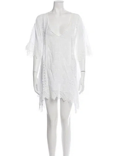 Pre-owned Johnny Was Floral Print V-neck Blouse In White