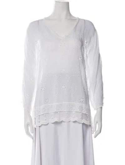 Pre-owned Johnny Was Floral Print V-neck Blouse In White