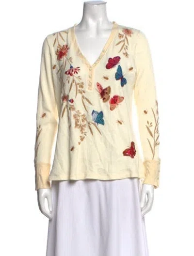 Pre-owned Johnny Was Floral Print V-neck Blouse In Yellow