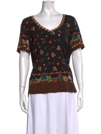 Pre-owned Johnny Was Floral Print V-neck Top In Black