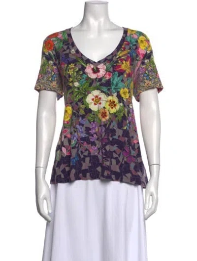 Pre-owned Johnny Was Floral Print V-neck Top In Multi
