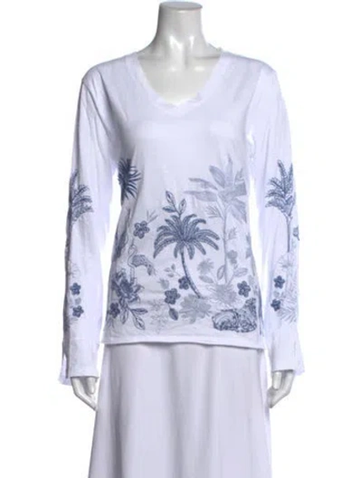 Pre-owned Johnny Was Floral Print V-neck Top W/ Tags In White