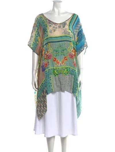 Pre-owned Johnny Was Floral Print V-neck Tunic In Green