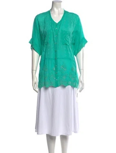 Pre-owned Johnny Was Floral Print V-neck Tunic In Green