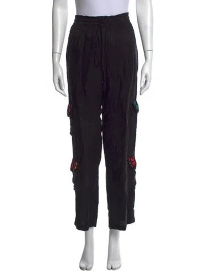 Pre-owned Johnny Was Floral Print Wide Leg Pants In Black