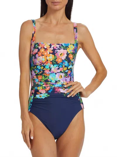 Johnny Was Floral Ruched One Piece Swimsuit In Navy/multi Floral