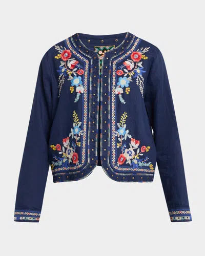 Johnny Was Floral-embroidered Linen Bolero Jacket In Blue Night