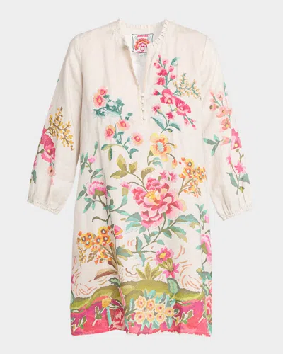 Johnny Was Floral-embroidered Linen Mini Shift Dress In Multi