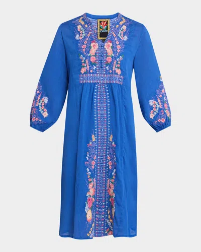 Johnny Was Floral-embroidered Mini Shift Dress In Blue