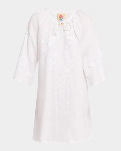 Johnny Was Floral-embroidered Mini Shift Dress In White