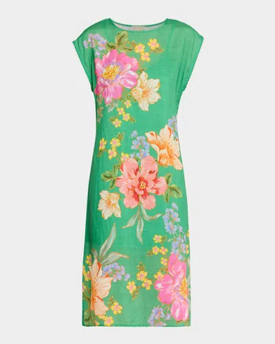 Johnny Was Floral-print Shift Midi Dress In Green