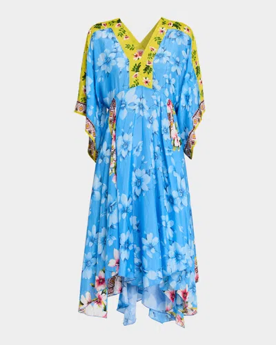 Johnny Was Floral-print Silk Handkerchief Midi Dress In Blue