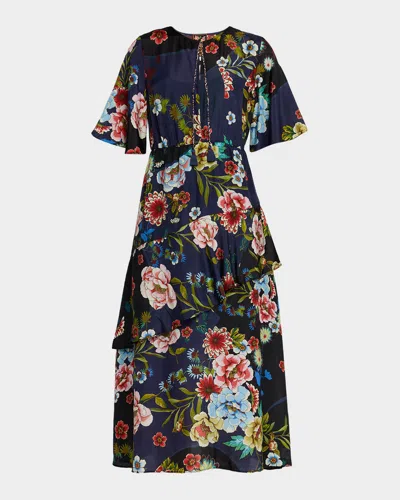 Johnny Was Florean Ruffle Floral-print Silk Midi Dress In Blue