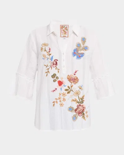 Johnny Was Florrie Embroidered Seersucker Henley Tunic In White