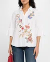 Johnny Was Florrie Ruffle Sleeve Henley Tunic Top In White In Multi