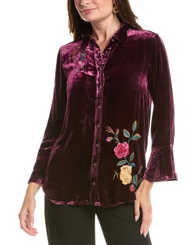 Johnny Was Flounce Sleeve Velvet Silk-blend Shirt In Burgundy