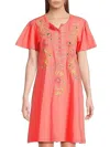 Johnny Was Flutter Sleeve Henley Dress Calista In Sugar Coral In Red