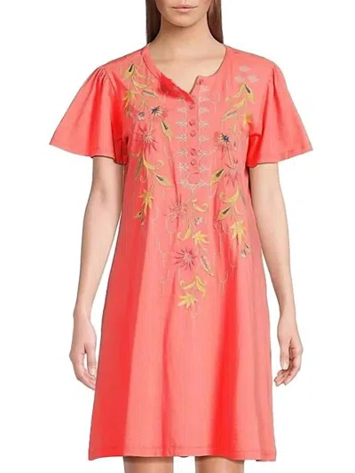 Johnny Was Flutter Sleeve Henley Dress Calista In Sugar Coral In Red
