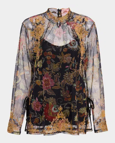 Johnny Was Francisca Embroidered Floral-print Mesh Blouse In Multi