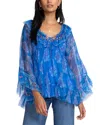 Johnny Was Gal Ruffle Floral-print Chiffon Blouse In Blue