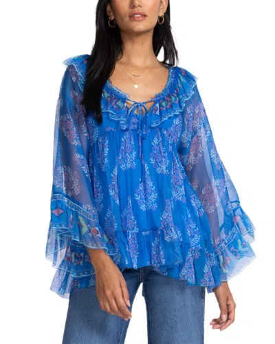 Johnny Was Gal Ruffle Tie Silk Blouse In Blue