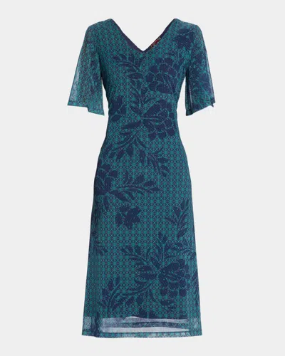 Johnny Was Geometric Floral Mesh Midi Dress In Blue