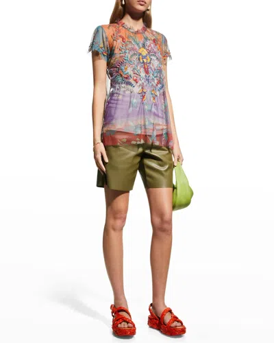 Pre-owned Johnny Was Giana Mesh Blouse Shirt Floral Short Sleeve Top Embroidery Xlarge In Multi