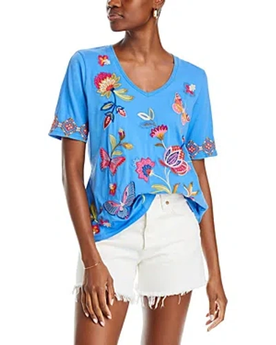 Johnny Was Gracey Trapunto Embroidered V Neck Top In Ultramarin