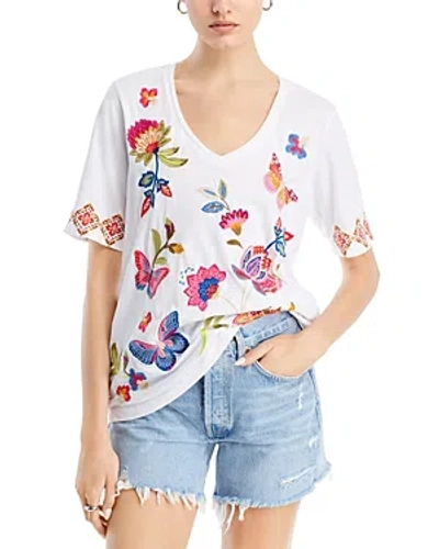 Johnny Was Gracey Trapunto Embroidered V Neck Top In White