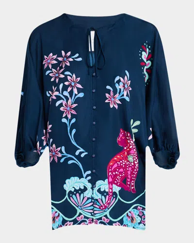 Johnny Was Harlyn Floral-print Keyhole Blouse In Leilana