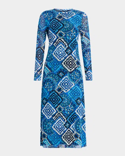 Johnny Was Iola Abstract-print Mesh Midi Dress In Blue