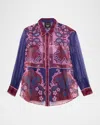 Johnny Was Itzel Floral-print Silk Chiffon Shirt In Blue