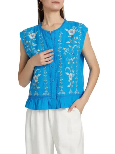 Johnny Was Jaanvi Peplum Cap Sleeve Blouse In Diva Blue