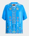 Johnny Was Jacinta Embroidered Silk Crepe De Chine Shirt In Victoria Blue