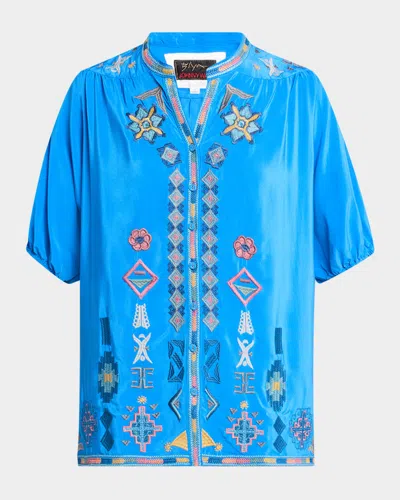 Johnny Was Jacinta Embroidered Silk Crepe De Chine Shirt In Blue