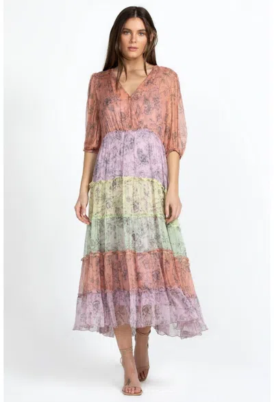 Pre-owned Johnny Was Jade Med Liza Midi Dress With Slip 100% Silk Boho A-line Tiered In Multicolor