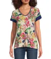 Johnny Was Janie Favorite Aldrich Exotic Floral Print Bamboo Knit Jersey V-neck Short Sleeve Tee In Multi